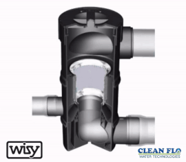A gif of a Wisy prefilter cut in half showing the inner workings of the Wisy 100 rainwater prefilter