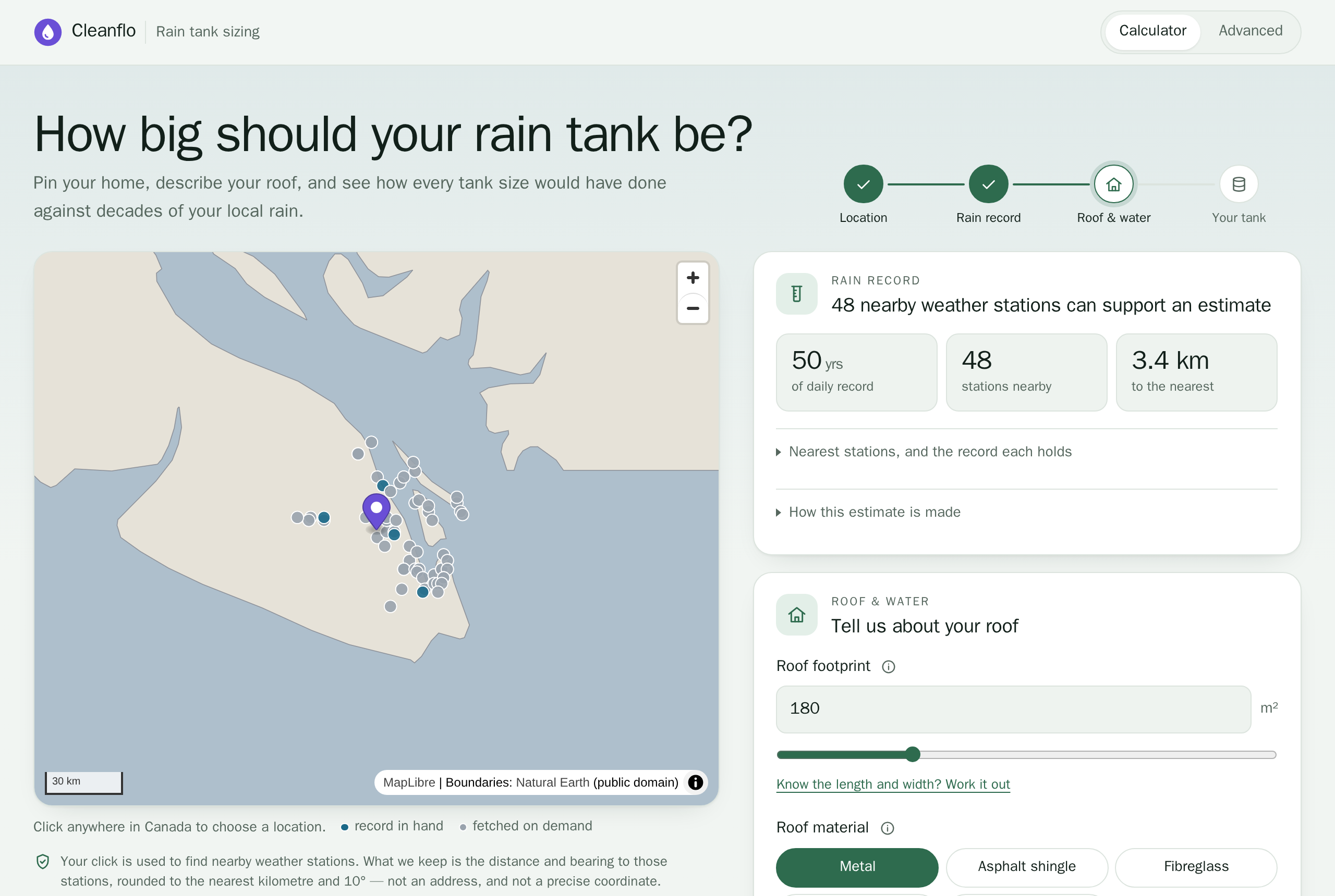 The Cleanflo rain tank sizing calculator: a map of Vancouver Island with a pin near Duncan, and a card saying 48 nearby weather stations can support an estimate, with 50 years of daily record.